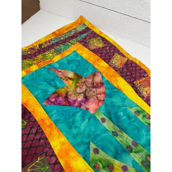 Handmade Tulip Floral Quilted Wall Hangings Place Mats Purple Teal Batik Fabric - Picture 6 of 11